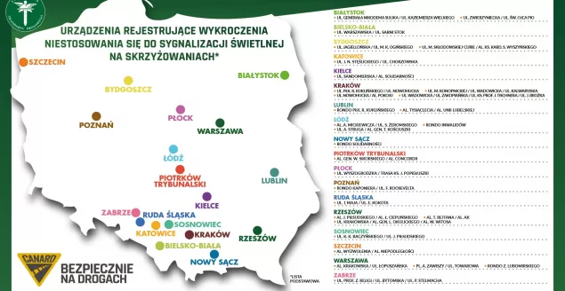 Mapa Polski obrazująca nowe lokalizacje urządzeń do kontroli wjazdu na czerwonym świetle