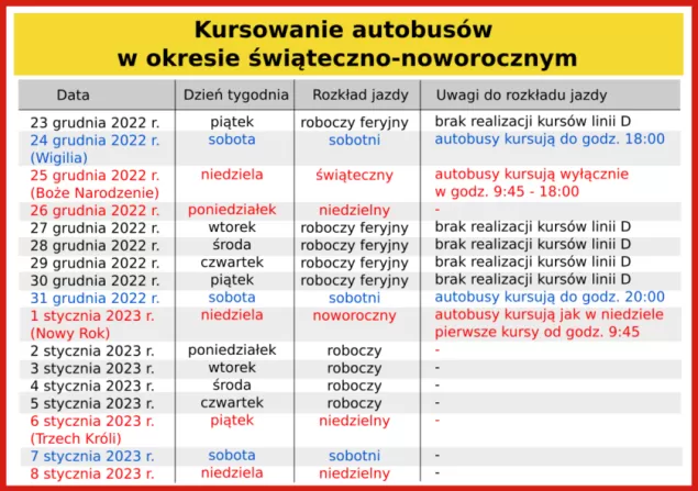 Kursowanie autobusów MZK w okresie świąteczno-noworocznym