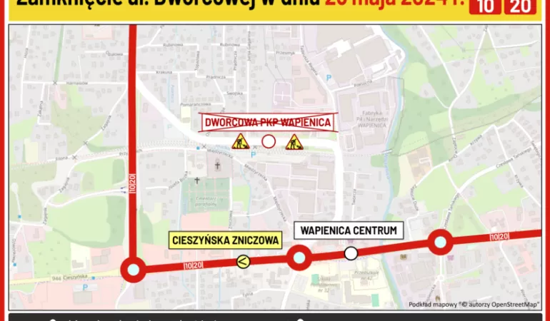 Zamknięcie ul. Dworcowej w dniu 25 maja. Będzie objazd dla linii 10 i 20