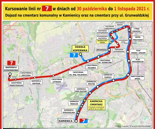 Trasy przejazdu kursów podstawowych oraz wariantowych linii nr 7