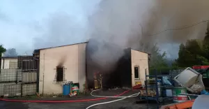 [FOTO] Poranna akcja strażaków. Spłonęła hala w Kozach przy dworcu