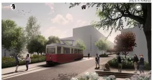 Wizualizacja woonerfu. Rejon skrzyżowania z ul. Hugona Kołłątaja. Na pierwszym planie proponowana replika tramwaju