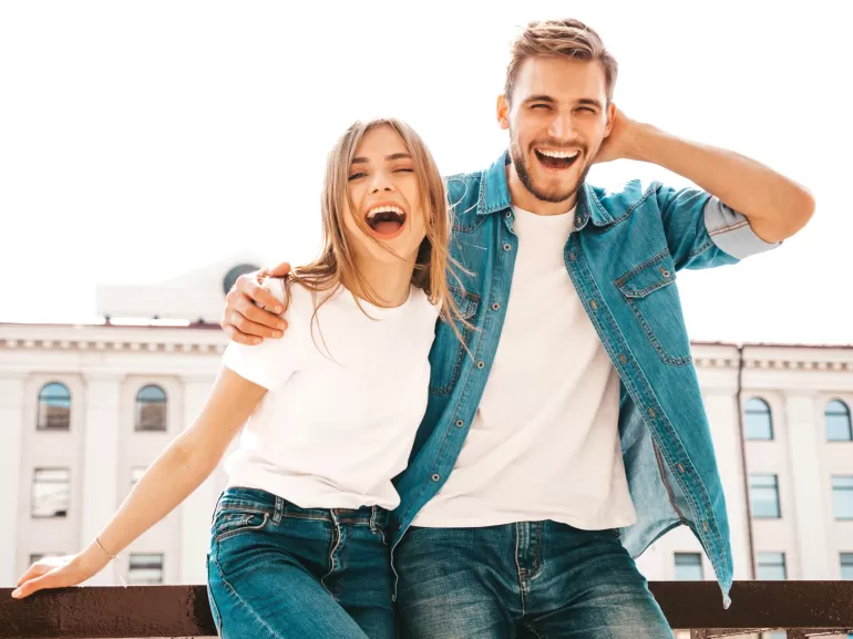 portrait smiling beautiful girl her handsome boyfriend woman casual summer jeans clothes