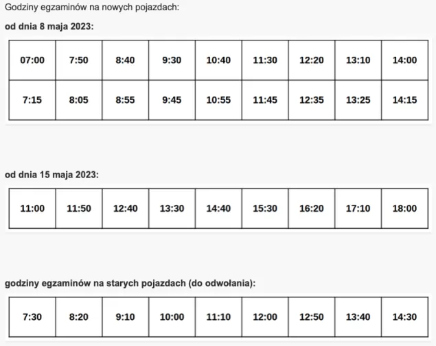 Godziny egzaminów na nowych pojazdach