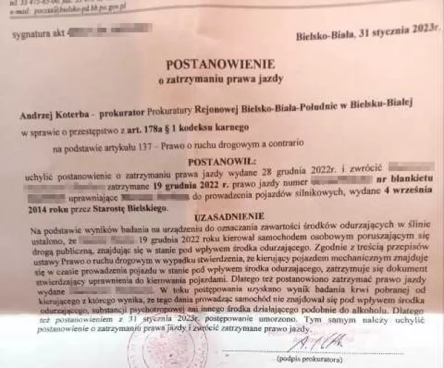 Decyzją administracyjną zwrócono kierowcy prawo jazdy - 31.01.2023