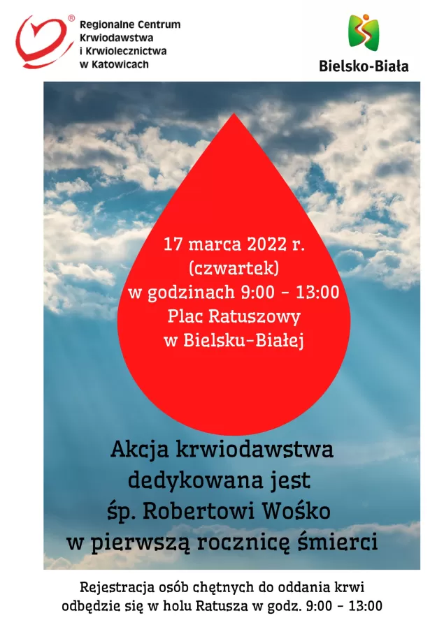 Honorowa akcja krwiodawstwa przez Ratuszem. Upamiętni Roberta Wośko