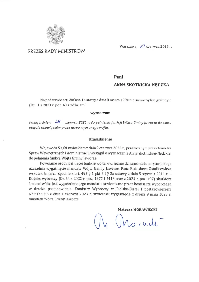 Premier obsadził stanowisko wójta Jaworza